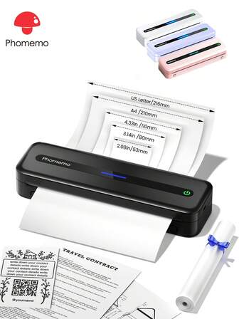  1 pieza Impresora portátil inalámbrica Phomemo M832 para viajes, con 1 rollo de papel incorporado, impresora térmica Bluetooth sin tinta que admite papel térmico en rollo y plegado con tamaños de Carta EE. UU./A4/4"/3"/2" (216mm/210mm/107mm/77mm/56mm), alta resolución para imágenes, texto, documentos, PDF, palabras, web, recibos, contratos, fotos, imágenes