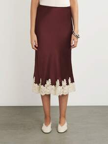 Lace Satin Maxi Skirts For Women Casual Elegant Fall A Line Elastic Waist High Rise Silk Midi Skirt With Lace Patchwork Y2k Aesthetic Going Out Skirt Party Club Streetwear - 酒紅色 - 查看 2