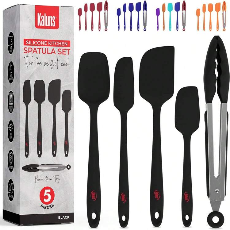 Silicone Spatula Set, 4 Rubber Spatulas 600°F Heat Resistant, Nonstick Seamless Design With Stainless Steel Core, Dishwasher , , Bonus Tongs Included,23692314 - Black - View 1