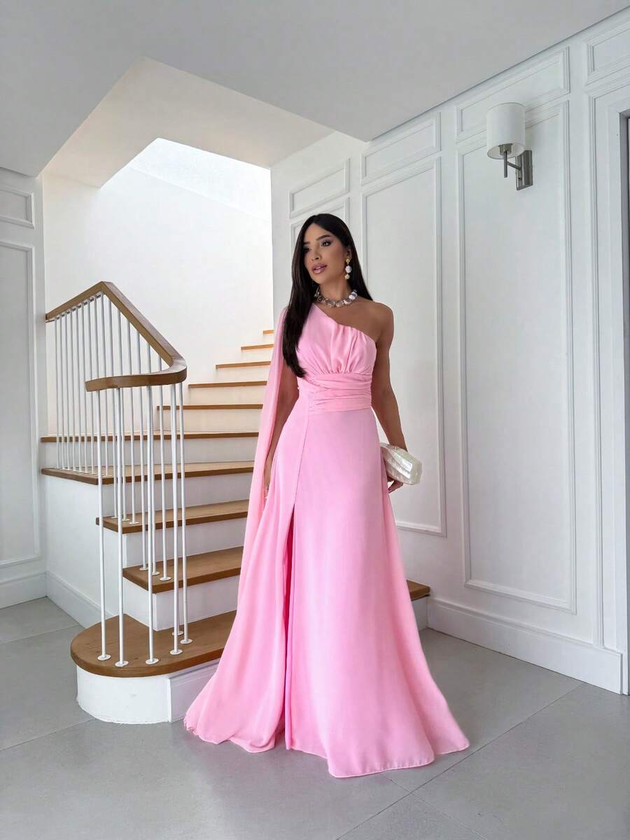 Long One Shoulder Prom Dress With Flowing Cape And Slit Sophisticated Simple Elegant Party Wrinkled Wedding - Baby Pink - View 1