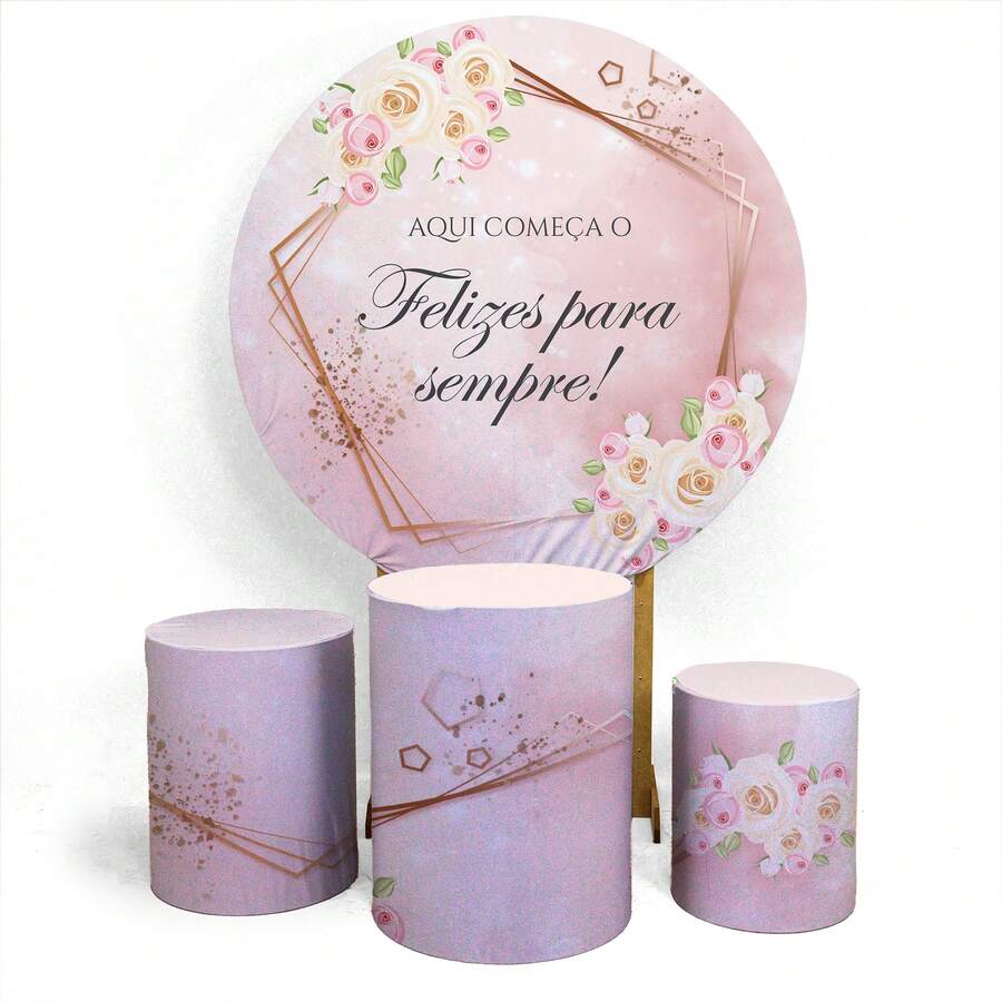 Kit Capa Painel de Festa Redondo + Trio Capas de Cilindro Sublimado Tecido Premium Tema Noivado Casal Decoração
