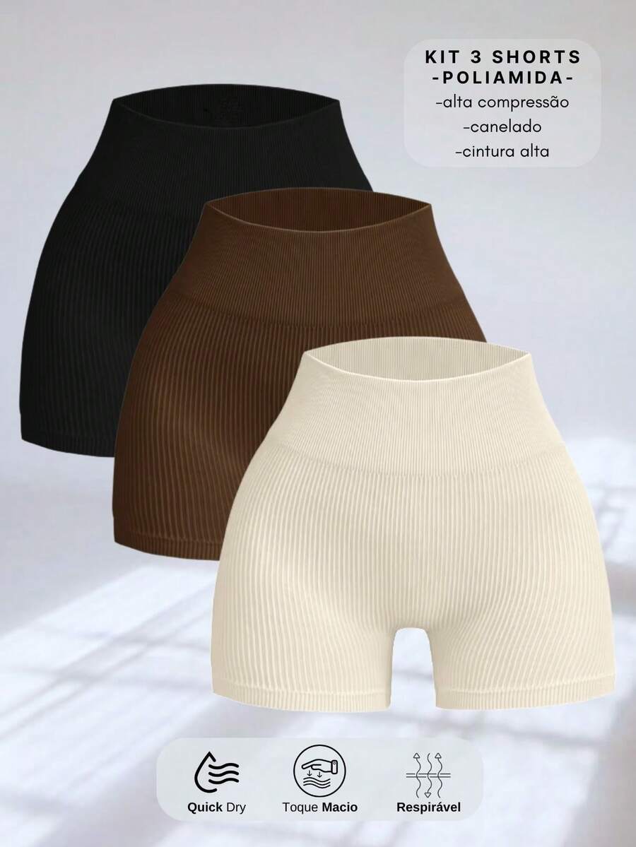 3 SEAMLESS RIBBED SHORTS KIT – HIGH COMPRESSION - Pto/Brown/Cream - View 1