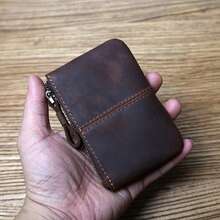 2024 Cartera pequeña de cuero retro Crazy Horse para hombres, hecha a mano, con cremallera, para licencia de conducir, llaves, monedas, tarjetas, fundas delgadas - Negro - Ver 2