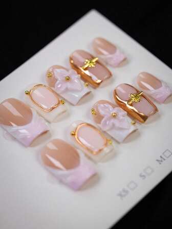10pcs Y2K Style - Pink Flower&Gold Cross Star Press On Nails, Pink Gradient French Style Square Nails - French Style Design, Pink Flower Decoration, Gold Beads Adorned Fake Nails - Essential Nails For Autumn And Winter, Suitable For Daily Use, Travel, Light Luxury Aggregation - The Best Gift For Ladies And Women