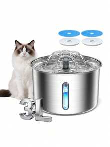 3L/101.45 Fl Oz/0.793 Gallon Stainless Steel Automatic Cat Water Dispenser | Quiet USB Powered Pet Feeder With Water Level Indicator And Blue LED Light, Durable Metal Structure, Fashionable Metal Appearance, Battery-Free - Multicolor - View 2