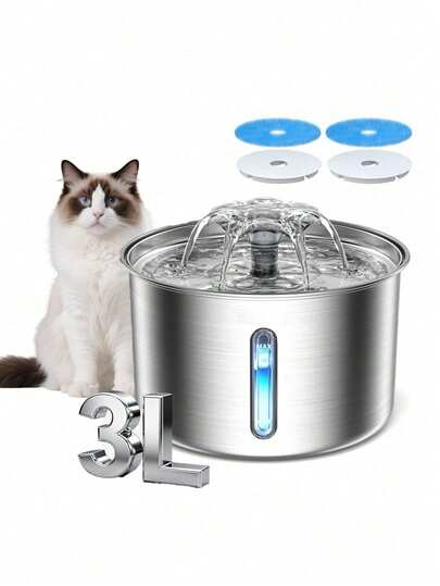 3L/ 101.45oz/0.793gal Stainless Steel Automatic Cat Water Fountain | Quiet USB-Powered Pet Feeding Dispenser With Water Level Indicator & Blue LED, Durable Metal Construction, Sleek Metallic Finish, Without Battery