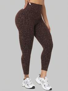 Women's High Waisted Yoga Sports Leggings, Fashionable Women's Sports Leggings, Sports Pants. Back Waist Pocket Design, Sporty Tie Dye High Waisted Sports Leggings, Suitable For Yoga Women's Pants - 咖啡棕 - 查看 6