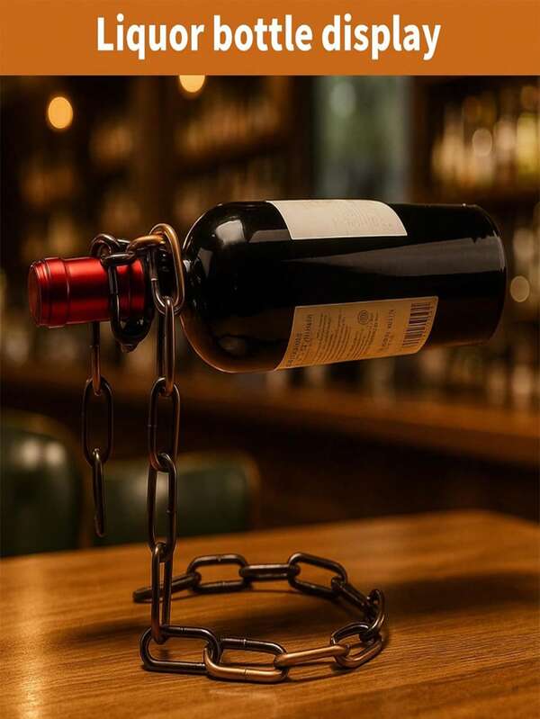 Soporte/Estante mágico flotante de cadena de acero para botellas de vino - Mantiene la botella suspendida en el aire. Este exclusivo soporte suspendido para botellas de vino es perfecto para bares en casa, cocinas o decoraciones de fiestas.