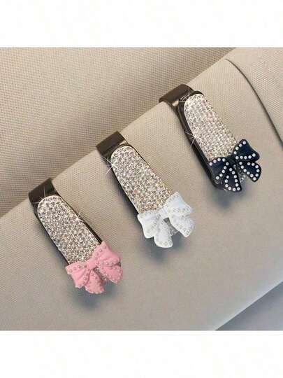 Cute Bow Sun Visor Mount Sunglasses Clip Holder Rhinestone Bracket Portable Sunglasses Car Crystal Clip Decoration Accessories