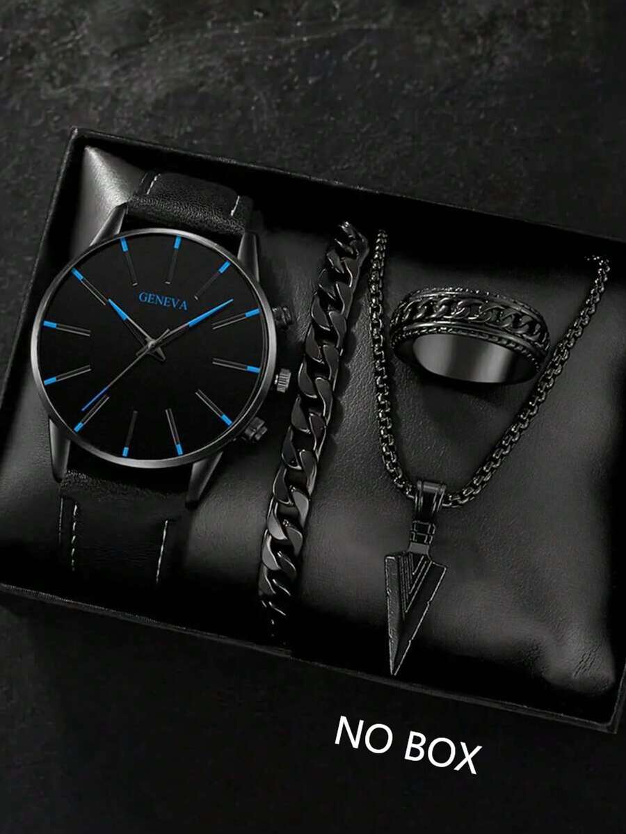 4pcs Men's Gift Set, Minimalist Scale Leather Quartz Watch, Arrow Pendant Necklace, Bracelet, Ring Set, With Round Dial And Synthetic PU Leather Strap, Suitable For Business Occasions, Birthday Gift - Black - View 1