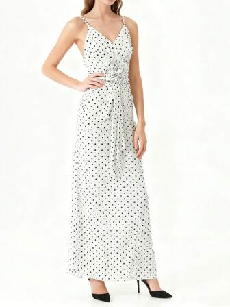 Women's Elegant Polka Dot Print 3D Floral Decor Camisole Dress