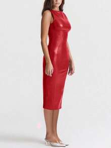 Sedessea 圣诞红色仿PU皮革无袖时尚优雅修身派对连衣裙，女士优雅款 - 紅色 - 查看 4
