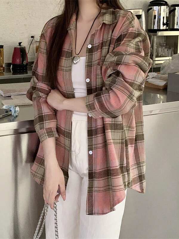 拉绒格子衬衫，新款时尚宽松复古中长款上衣，长袖夹克