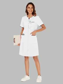 cimmuovere 女式圆领短袖前开口袋手术服护士服工作服牙医保健宠物医院实验室连衣裙
