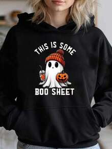 Cute & Boo Sheet Halloween Graphic Hooded Sweatshirt - Spooky Coffee Cup & Jack-O-Lantern Print, Cozy Long Sleeve Pullover With Pocket, Machine Washable Casual Fall Sweater For Themed Parties, Halloween Hoodie,Fall Hoodies,Men's Fall Clothes,Street Wear,Halloween,Mens Hoodies,Y2k Clothes,Jesus Hoodie,Thanksgiving Day,Nightmare Before Christmas,Christmas - Black - View 1