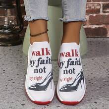 Ladies' Breathable Knitted Sports Shoes With Stable Support - Soft EVA Sole, All - Season Casual Shoes. White With Black And Red Accents And "Walk By Faith" High - Heel Pattern Design. Ladies' Comfortable Shock - Absorbing Shoes - 紅色 - 查看 4