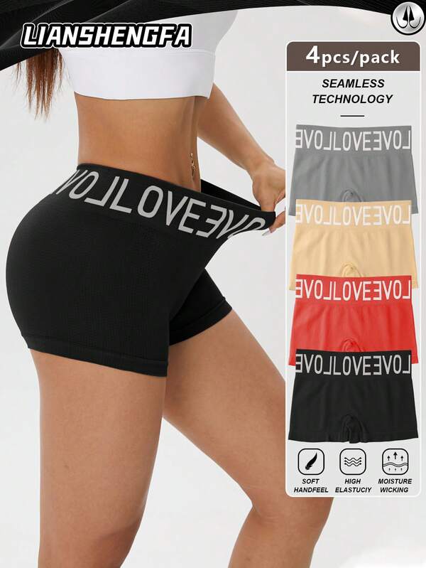 LianShengFa 4pcs Letter Waistband Seamless Mid-Waist Shaping Panties,High Stretch Breathable Mesh Fabric Women's Underwear, Comfy Soft Fit Ladies Briefs
