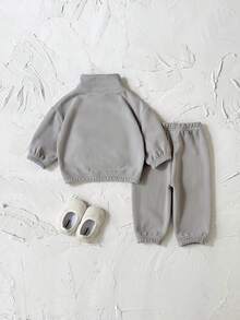 2件套男婴保暖加厚长袖圆领卫衣长裤套装，适合秋冬季穿着 - 深灰色 - 查看 8
