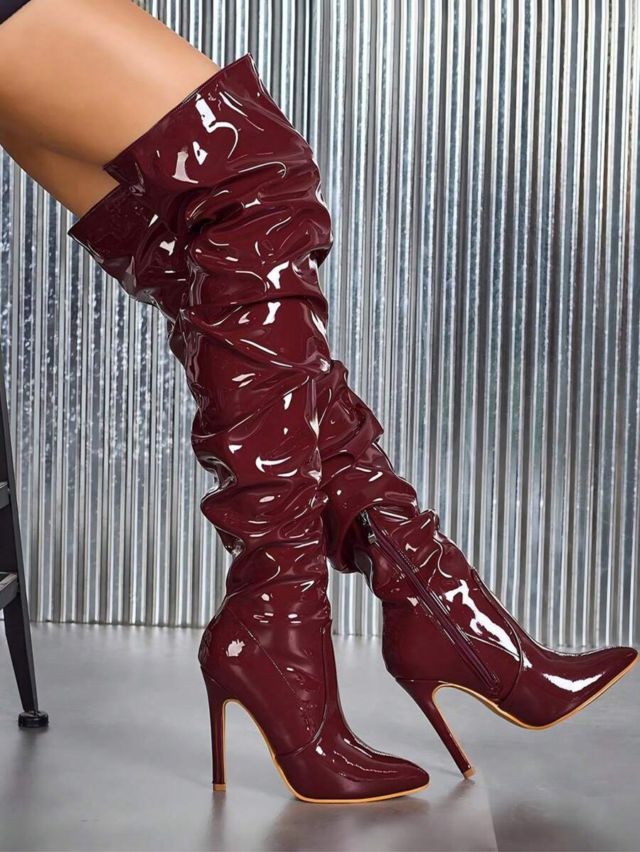 Fall/Winter Square Toe Chunky Heeled Classic Boots, White Elegant Solid Classic Boots,Perfect With Hoodies/Sweaters,Perfect With Hoodies,Sexy,Women Boots,Fashionable Women's Long Boots, Pleated Long Boots, Pleated Leather Boots, Pleated Pointed Over-The-Knee Boots, Pointed Long Boots, Millennial Style Women's Leather Boots, Y2K Women's Party Boots, Halloween, Christmas, Autumn And Winter Long Boots, Plus Size Women's Boots,Women's Stiletto Heel Over-The-Knee Pleated Boots. Women's Knee-High Boots, Women's Over-The-Knee Boots - 酒紅色 - 查看 1