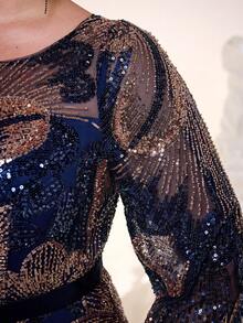 Mgiacy,New Arrival,Elegant Plus Size Long Navy Formal Dress,Round Neck,Sequin,Elegant,Plus Size Evening Gown Dress,Perspective,Belt,Lantern Sleeve,Package Hip,Mermaid Hem Dress,FOR,Dinner Party,Party Dress,Wedding Guest Dress, Evening Dress - Navy Blue - View 6