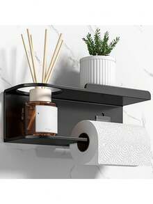 1 pezzo Portarotolo di carta igienica, Portarotolo con mensola, Organizer da bagno in acciaio inossidabile, Montaggio adesivo e a vite, Per bagno, antibagno, cucina, roulotte (Nero)Portarotolo da parete per carta igienica con vano portasalviette in acciaio inossidabile opaco nero, Portasalviette, Appendiabiti da parete per il bagno