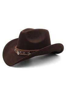 1pc Unisex New Faux Leather Cowboy Hat With Star Beaded Decor, High-Quality Suede Material Wide Brim Hat, Fashion Minimalist European & American Style Western Cowboy Hat, Suitable For Daily Wear, Western Themed Events, Birthday Parties, Music Festivals, Horseback Riding And More Occasions