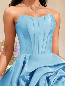 VIPGIRL Elegant Blue Strapless Satin Gown With 3D Floral Applique, Asymmetrical Rose Skirt, Short Formal Dress, Women's Cocktail Dress - Blue - View 10