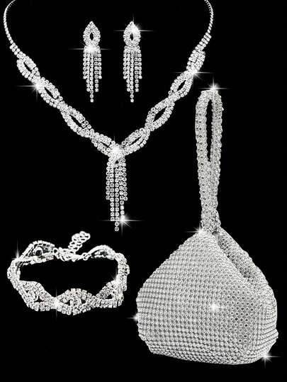 GZCS 4件套女士水钻耳夹新娘项链手链吊坠套装，可个性化定制迷你闪亮玻璃钻石可爱三角形手提包，女士舞会手提包，带可拆卸金属链，适合婚礼和派对，可作单肩包、手拿包、女士手提包、婚礼包、晚宴多功能鸡尾酒会婚礼新款钱包宴会包