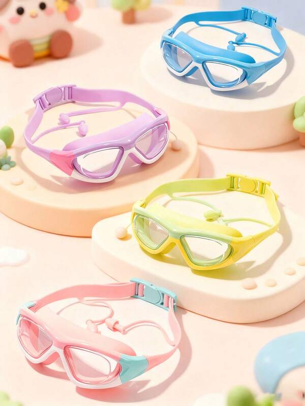 1pc Kids Swimming Goggles, Suitable For 3-12 Years Old Children, Upgraded Design With Ear Plugs And Nose Clip, Wide Vision Anti-Fog Anti-Leak Swimming Pool Goggles