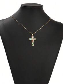 1pc Copper Material Micro-Inlaid Colorful Zirconia Cross Pendant, Luxurious & Generous, Titanium Steel Lip Chain, Religious Jewelry Gift, Essential For Women's Daily Commute - 金子 - 查看 2