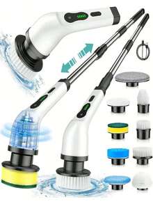 Electric Spin Scrubber, Cordless Cleaning Brush, Shower Cleaning Brush With 9 Or 6 Brush Heads 2H Power Dual Speed, Adjustable Extension Handle, 360 Cordless Cleaning Brush For Bathroom, Bathtub, Tiles, USB-C Charging Cable, Rotating Cleaning Brush, Thanksgiving Gifts, Christmas, Halloween Gifts - 黑與白 - 查看 1