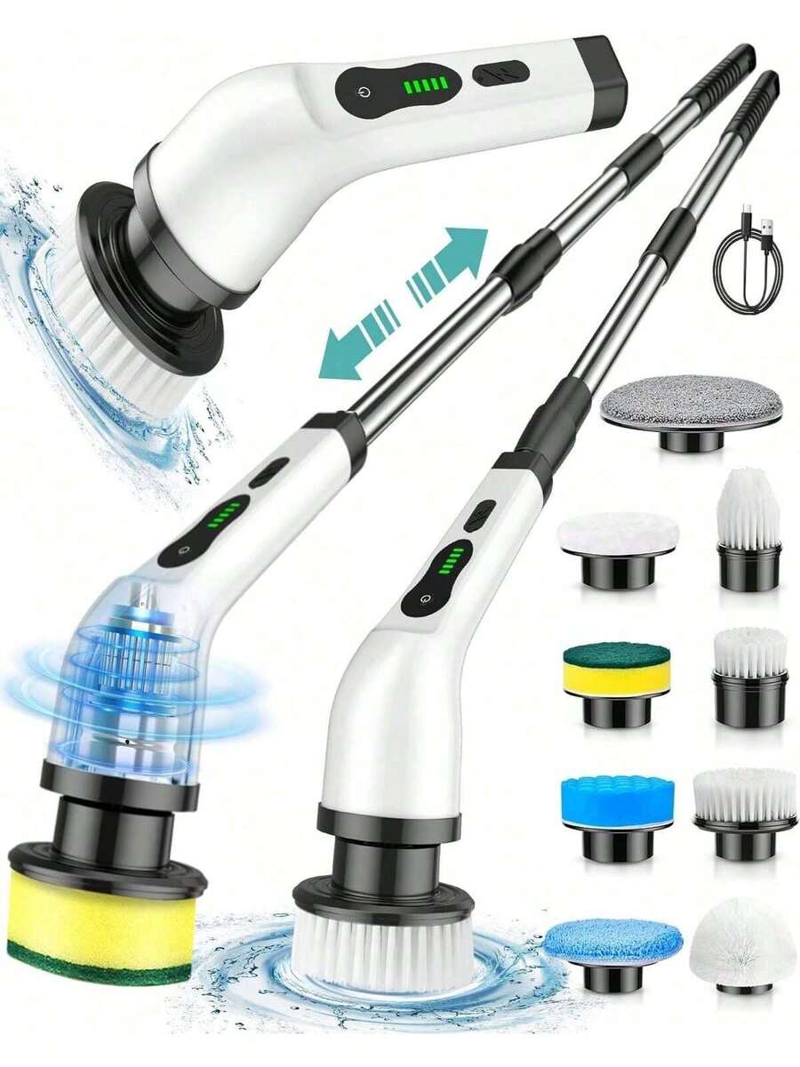Electric Spin Scrubber, Cordless Cleaning Brush, Shower Cleaning Brush With 9 Or 6 Brush Heads 2H Power Dual Speed, Adjustable Extension Handle, 360 Cordless Cleaning Brush For Bathroom, Bathtub, Tiles, USB-C Charging Cable, Rotating Cleaning Brush, Thanksgiving Gifts, Christmas, Halloween Gifts - 黑與白 - 查看 1
