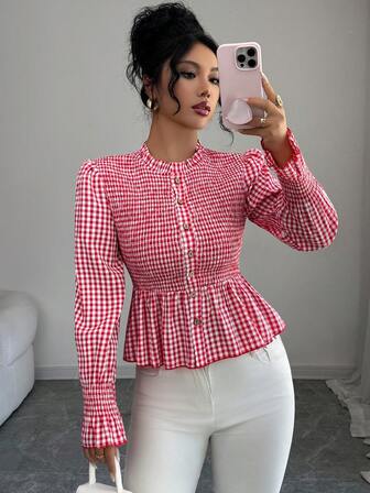 女士双色格子梭织面料超大衬衫，复古风格，适合秋冬季日常穿着