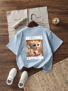 Tween Girl 休闲趣味“意大利 Brainrot Coffee Ballerina”图案印花圆领短袖 T 恤，夏季上衣 - 淺藍色 - 查看 3