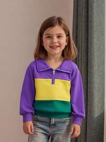 Toddler Baby Boy Carnival Sweatshirt Pullover Long Sleeve Lapel Collar Patchwork Upper Zipper Fall Tops - 紫色 - 查看 2