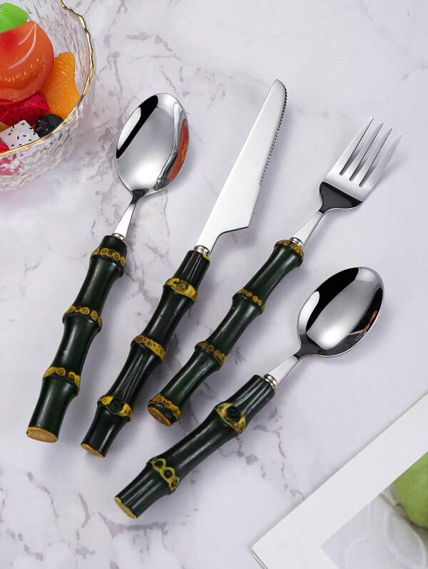 4 piezas/16 piezas Juego de cuchillo, tenedor y cuchara de acero inoxidable, con mango de bambú verde vintage para bistec