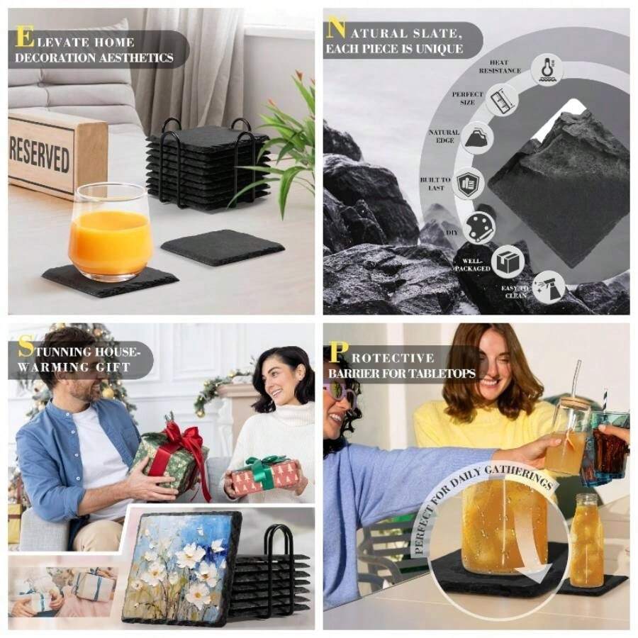 - Posavasos de pizarrn con soporte de metal, juego de 8 posavasos negros, juego de posavasos de piedra de 4 pulgadas, proteccin de mesa para el hogar, al aire ltima intervensin, cocina - Cuadrado de 8 piezas - Ver 1