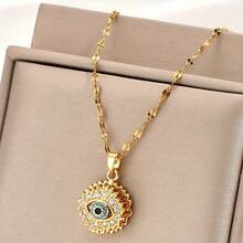 One Golden Plated Stainless Steel Lip Chain With Golden Plated-Plated Cubic Synthetic Zirconia Round Rotatable Blue Eye Inlay Vintage Design Fashionable Minimalist Men's Women's Couple Streetwear Everyday Party Christmas Halloween Versatile Necklace Pendant - 金色 - 查看 2