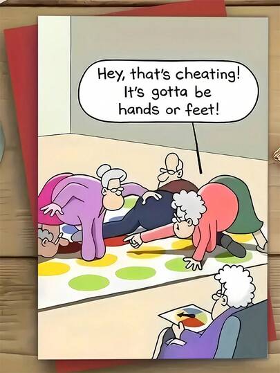 1 pieza Tarjeta de felicitación con sobre con diseño de pecho caído y queso - Divertido "¡Eso es hacer trampa! Tiene que ser con las manos o los pies" Giro humorístico para noches de juegos de mesa, fiestas familiares y regalos festivos - Tarjeta de papel de alta calidad con diseño de ojos saltones de anciano - Perfecto para adultos y personas mayores