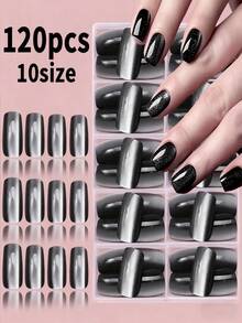 120pcs/Box Black Cat-Eye Glossy Press-On Nails,12Sizes Black Moonlight Cat Eye Square Minimalist Fashion Press-On Fake Nails,Suitable For Daily, Business, Party, Halloween, Birthday Outfit, Reusable Nail Supplies Nails