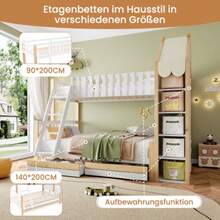 Bunk Bed, 90x200cm+140x200cm, Bed Rail, House Rail, Ladder, 2 Drawers, Irregular Fence, Without Mattress, White+Natural