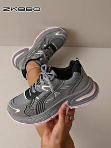 ZKBBO Women's Casual Chunky Sneakers, Thick Sole Comfortable Outdoor Walking Shoes, Round Toe Lace-Up - Grey - View 4