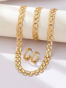 1pc Fashion 3D Geometric Watch Chain Necklace, 1pc Geometric Watch Chain Bracelet, 1 Pair Alloy Geometric Watch Chain Earrings