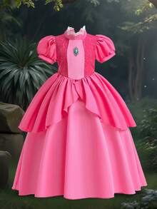 少女泡泡袖蕾丝刺绣网纱缎面长款优雅舞会礼服，适合舞会、生日派对等场合，不含头饰 - 玫紅色 - 查看 4