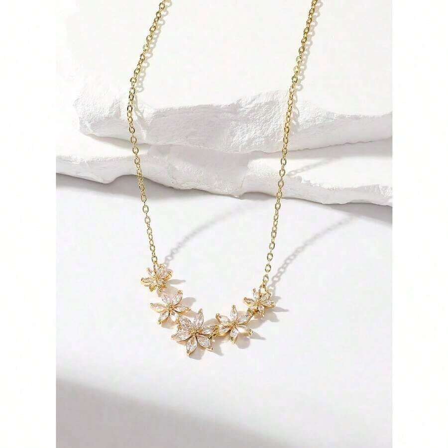 Hihho 1pc Simple Delicate Women's Collarbone Chain Necklace With Flower-Shaped Cubic Zirconia Inlay – Perfect Gift For Valentines, Date, Mom, Mother's Day, Lightweight Elegant Jewelry - 黃金 - 查看 1