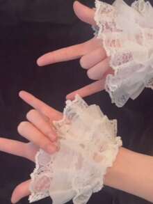 1 par de mangas elegantes y vintage con doble capa de volantes y encaje floral para mujer - Mangas de encaje para los brazos - Ver 2