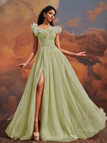 VIPGIRL Elegant Mesh Formal Long Evening Gown - Lime Green - View 2