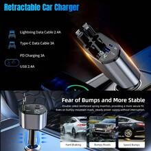 W&O 4-In-1 Retractable Car Charger, Fast Charging Car Charger, Dual USB Ports, Compatible With For Iphone And Type-C, PD And QC3.0, 180° Adjustable Base, Compatible With For Iphone 16/15/14/13/12/11 And Android Devices, Suitable For Car Charging, Car Accessories, Holiday Gift, SAN.COMO Fast Car Charger