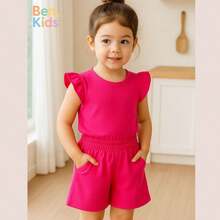 Conjunto Infantil Menina Algodão Manga Blusinha Manga Babado Short Elástico Bolso Conforto Verão Ben Kids Dia a Dia - Lilás - Visão 2