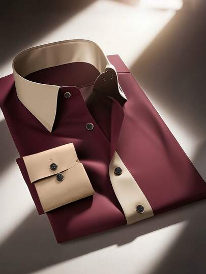 男士时尚商务正装衬衫 - 红色格子图案，修身剪裁，涤纶面料，四季皆宜，梭织，120g/平方米面料重量，略有弹性，宽角领，成人尺码